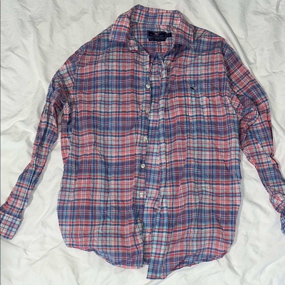 Vineyard Vines Men's Plaid Shirt - Blue and Pink size Large EUC